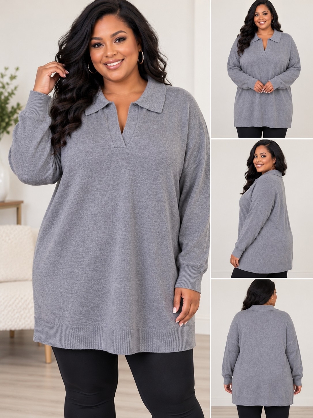 BloomChic Gray Collared V-Neck Tunic Sweater